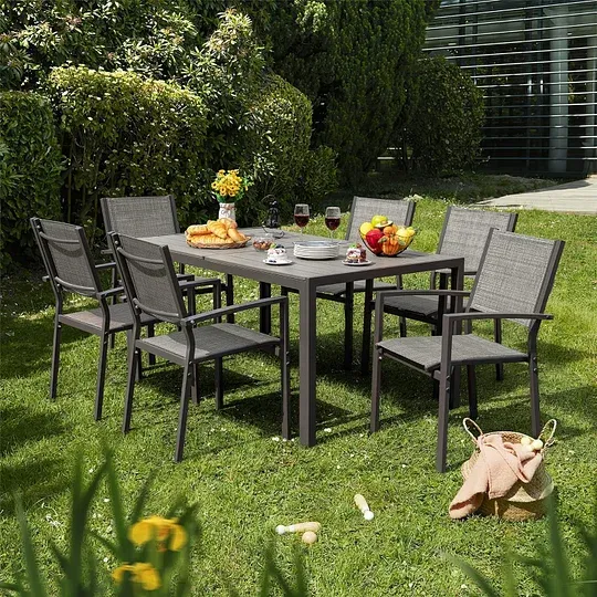 Juego de comedor para patio, 7 piezas, marco de metal, muebles de exterior con 6 sillas de textileno y mesa rectangular, juego de conversación de cocina familiar para patio trasero, césped, terraza (café)