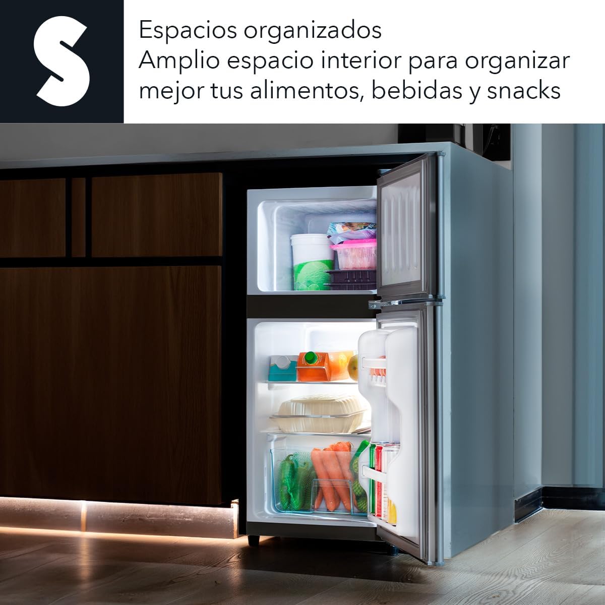SIGNA Mini Refrigerador 86L (3 pies cubicos) Frigobar Compacto Silver Refrigerador Pequeño Con congelador de Acero Inoxidable Ideal Para Espacios Pequeños Frigobar Mini Multifuncional