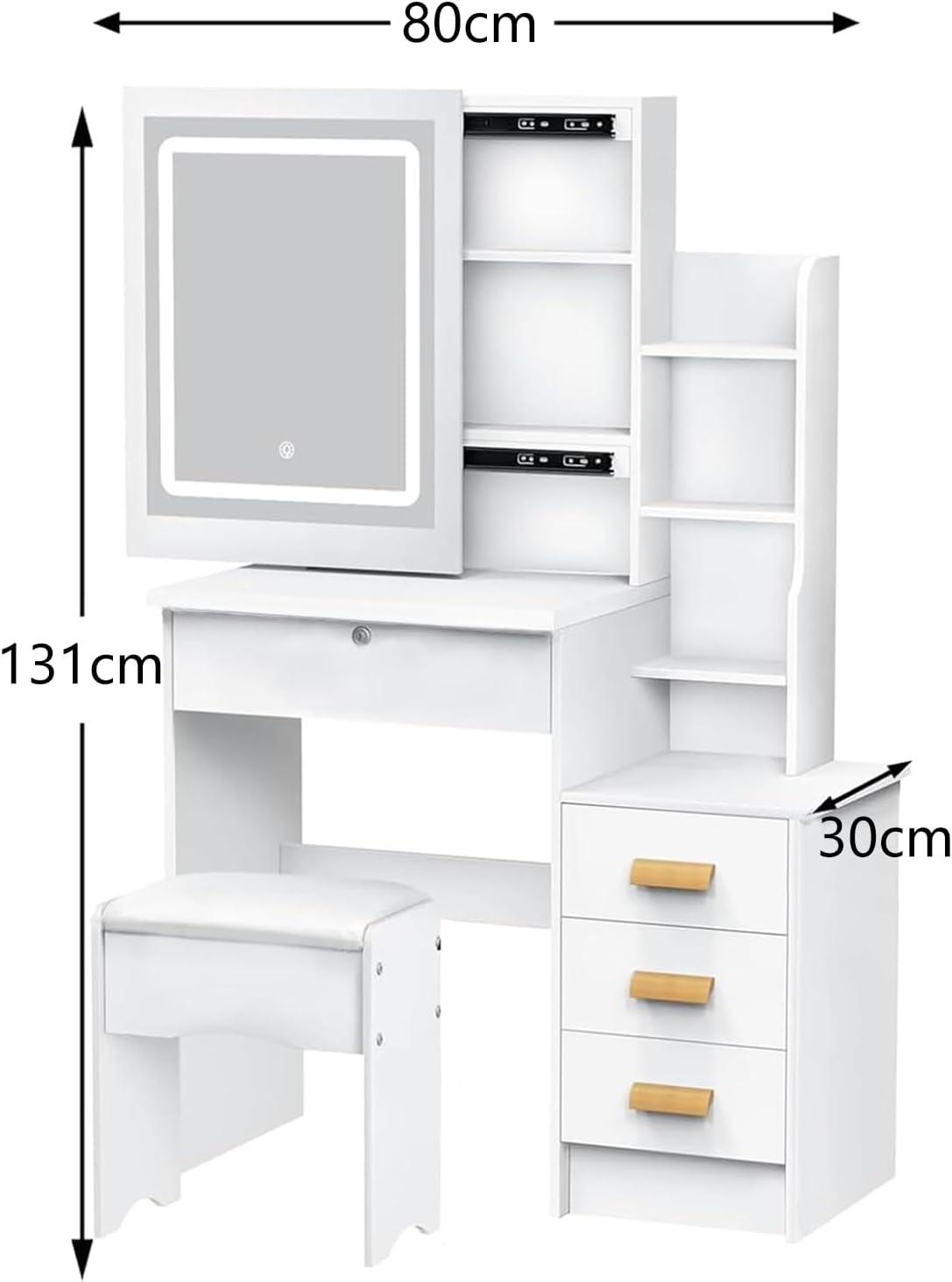 CAREEPD Tocador Vanity con Espejo luz led, tocador con Espejo con 4 Cajones, Escritorio de Maquillaje con Espejo Iluminado Led en 3 Colores,Blanco cálido Tocador de señora (Gabinete Izquierdo)