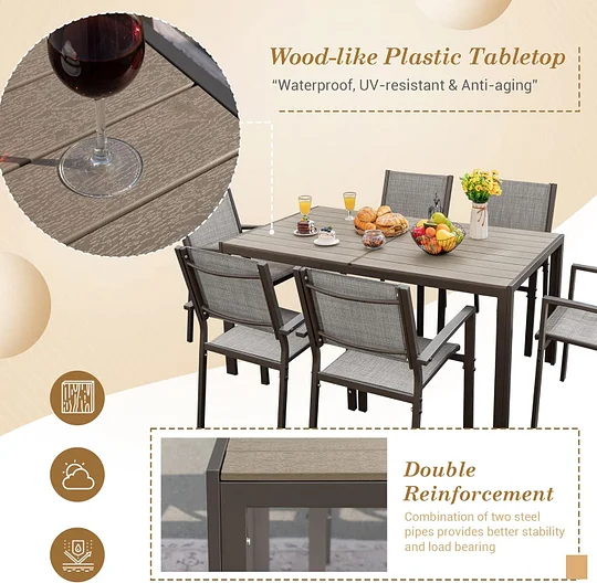 Juego de comedor para patio, 7 piezas, marco de metal, muebles de exterior con 6 sillas de textileno y mesa rectangular, juego de conversación de cocina familiar para patio trasero, césped, terraza (café)