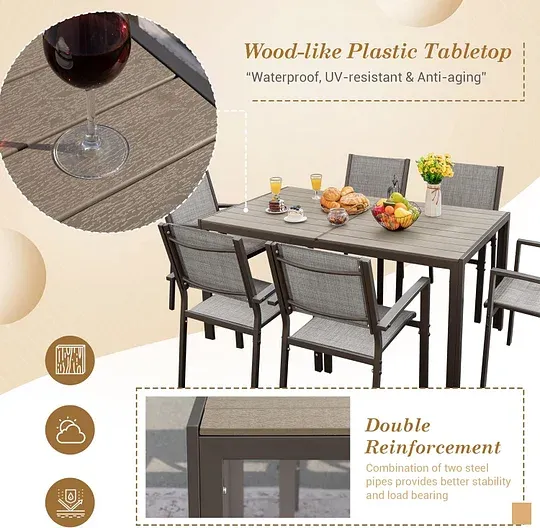 Juego de comedor para patio, 7 piezas, marco de metal, muebles de exterior con 6 sillas de textileno y mesa rectangular, juego de conversación de cocina familiar para patio trasero, césped, terraza (café)