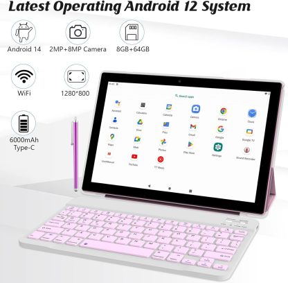 Tablet con teclado 2 en 1, Android 11, 10.1 pulgadas FHD, con teclado/mouse/funda/lápiz capacitivo/película templada, 64 GB+2 GB, Wi-Fi, cámara dual 8 MP, procesador quad core, batería 6,000 mAh, rosa