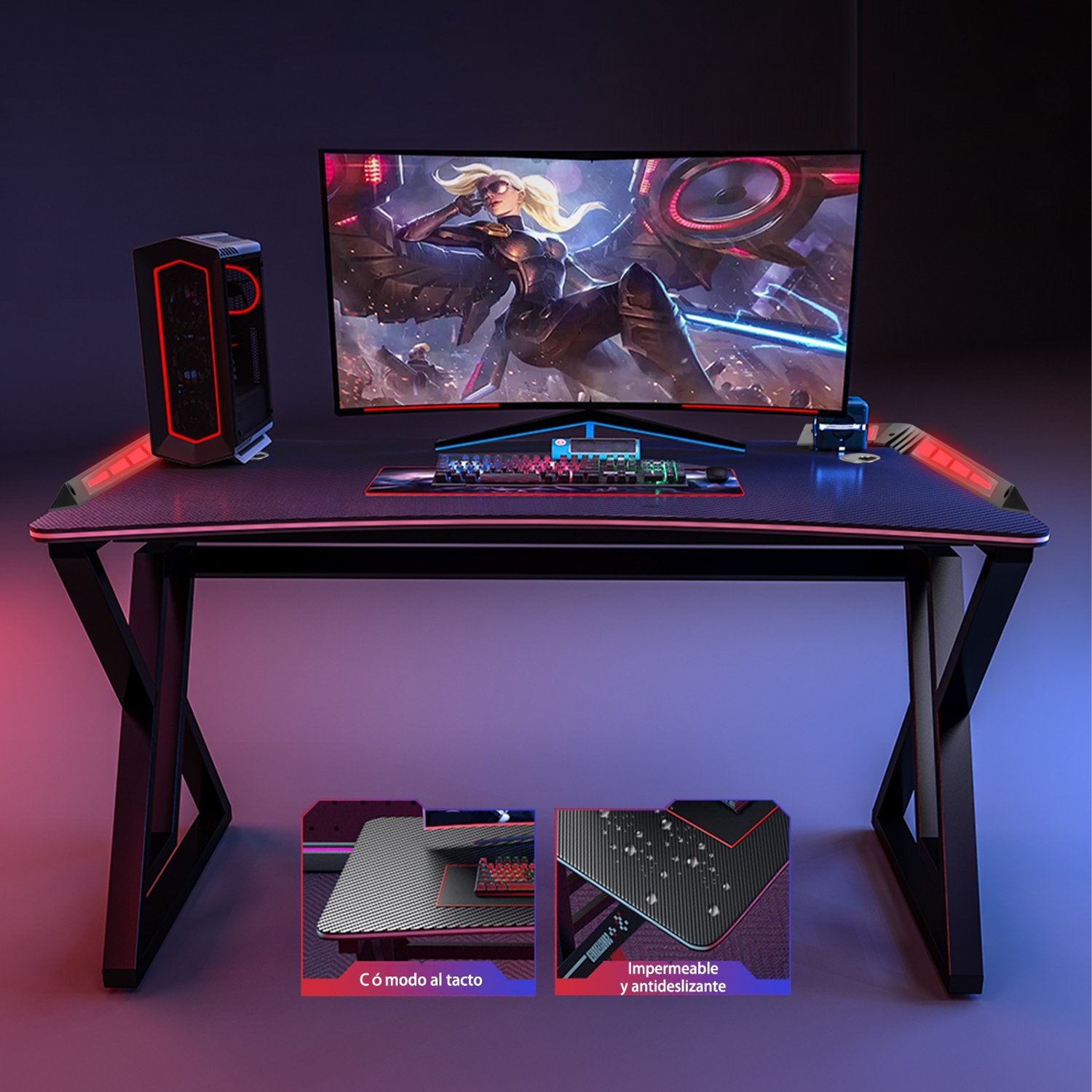 Set Silla Gamer Con Reposapiés y Escritorio Gamer X-RGB 120cm Negro