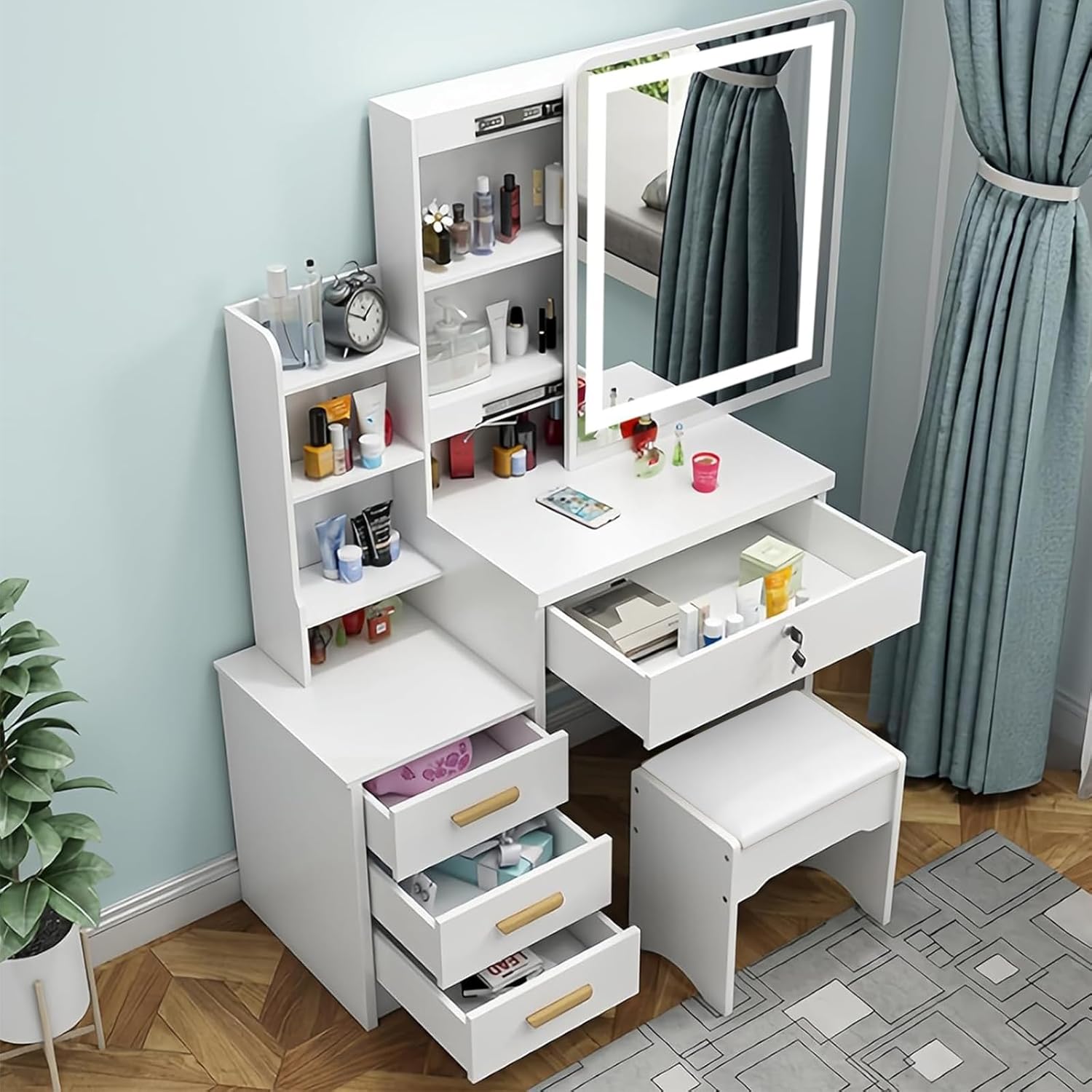 CAREEPD Tocador Vanity con Espejo luz led, tocador con Espejo con 4 Cajones, Escritorio de Maquillaje con Espejo Iluminado Led en 3 Colores,Blanco cálido Tocador de señora (Gabinete Izquierdo)