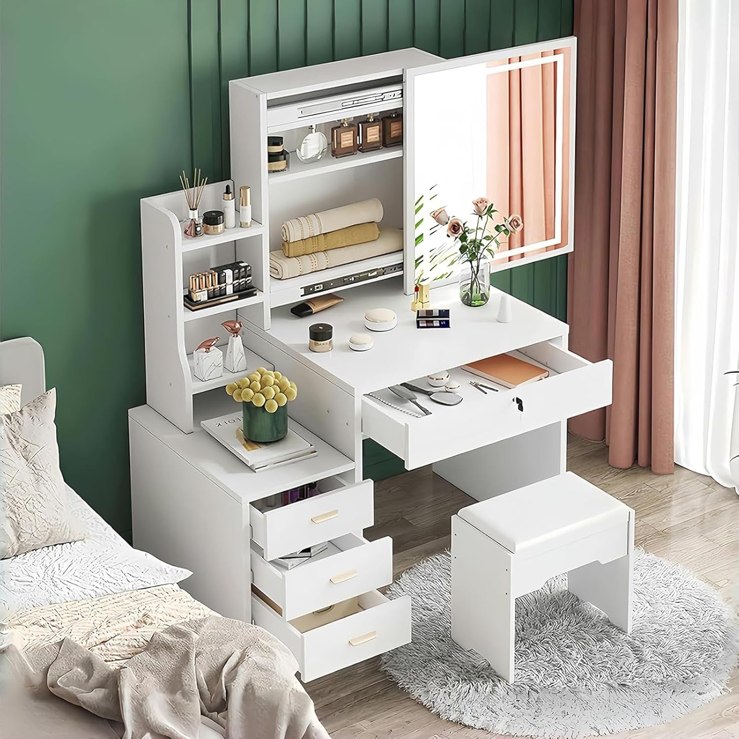 CAREEPD Tocador Vanity con Espejo luz led, tocador con Espejo con 4 Cajones, Escritorio de Maquillaje con Espejo Iluminado Led en 3 Colores,Blanco cálido Tocador de señora (Gabinete Izquierdo)