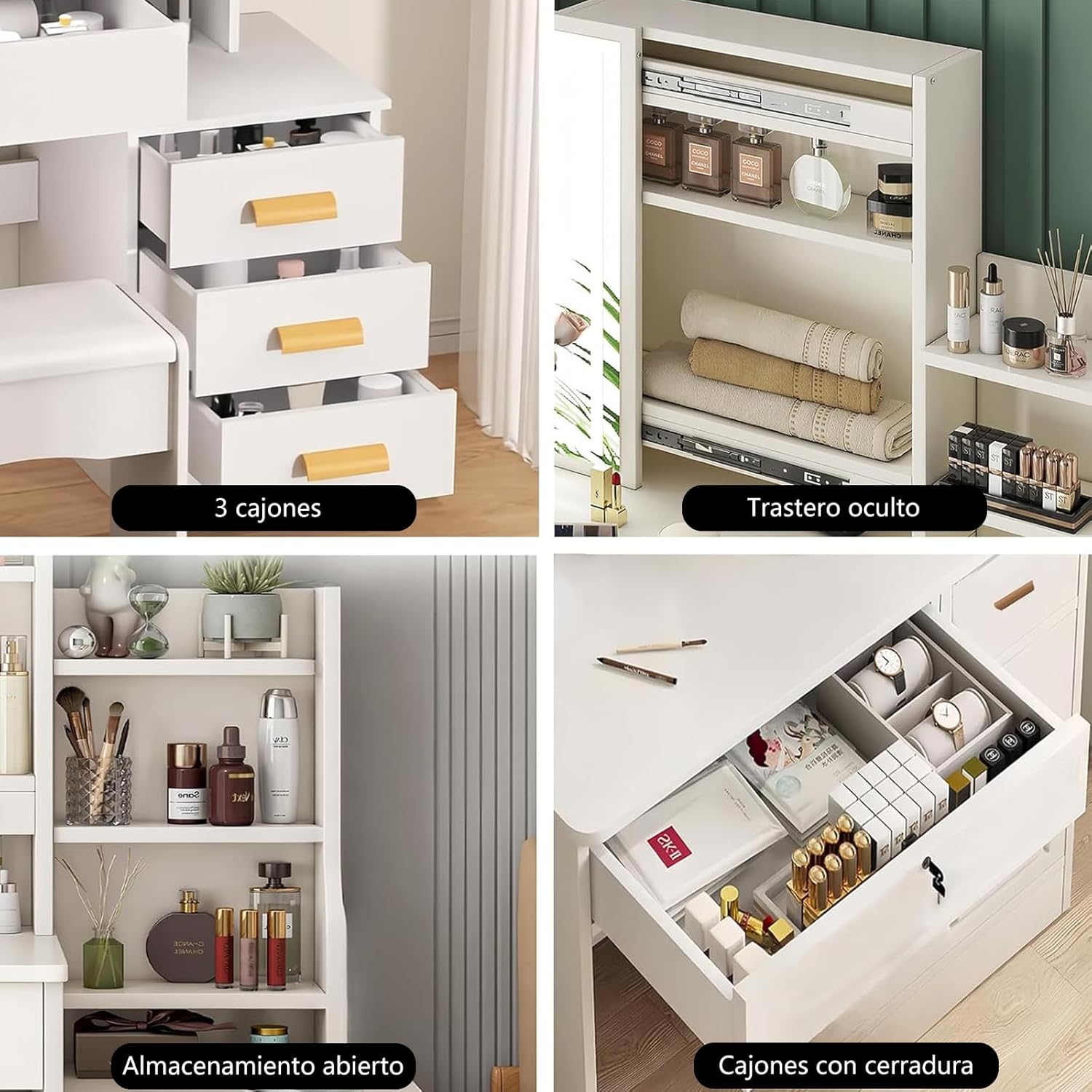 CAREEPD Tocador Vanity con Espejo luz led, tocador con Espejo con 4 Cajones, Escritorio de Maquillaje con Espejo Iluminado Led en 3 Colores,Blanco cálido Tocador de señora (Gabinete Izquierdo)