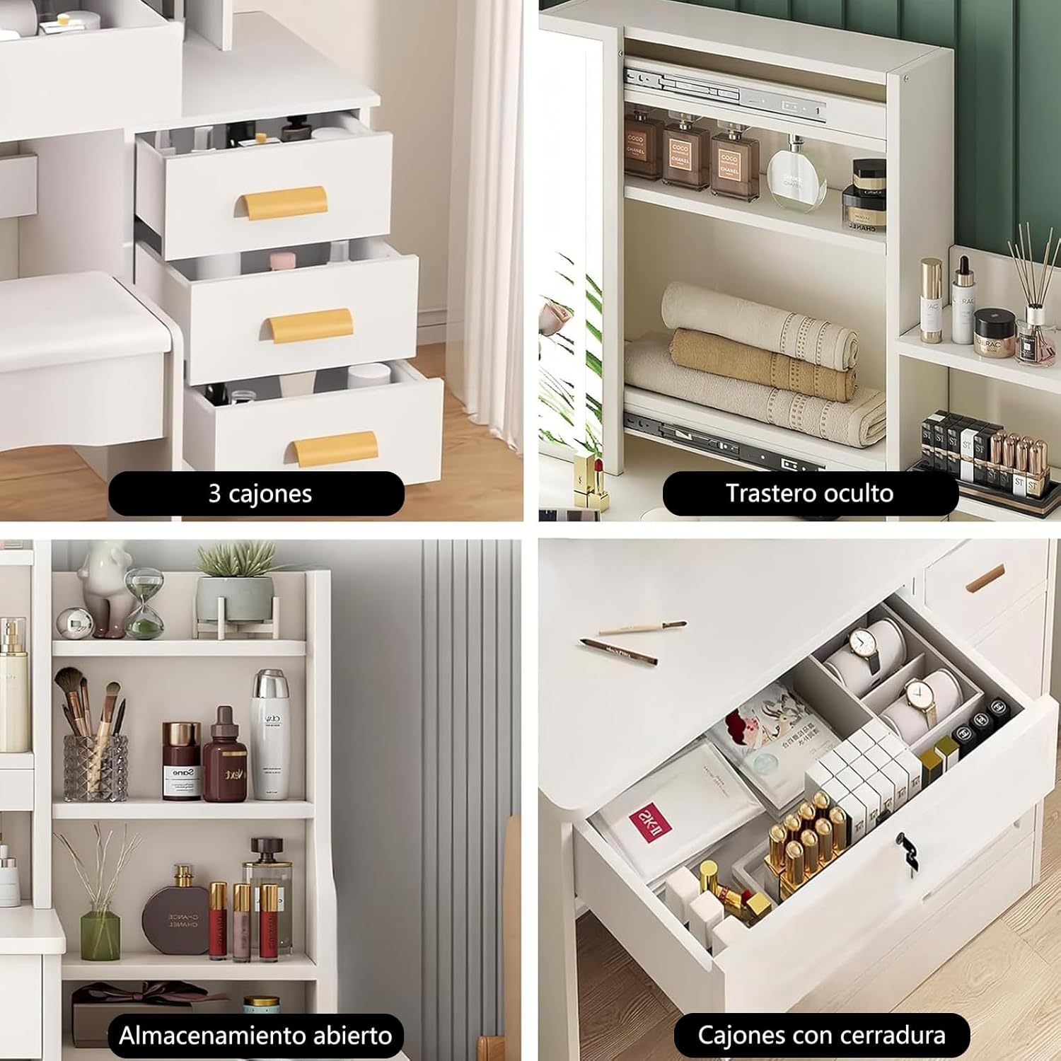 CAREEPD Tocador Vanity con Espejo luz led, tocador con Espejo con 4 Cajones, Escritorio de Maquillaje con Espejo Iluminado Led en 3 Colores,Blanco cálido Tocador de señora (Gabinete Izquierdo)