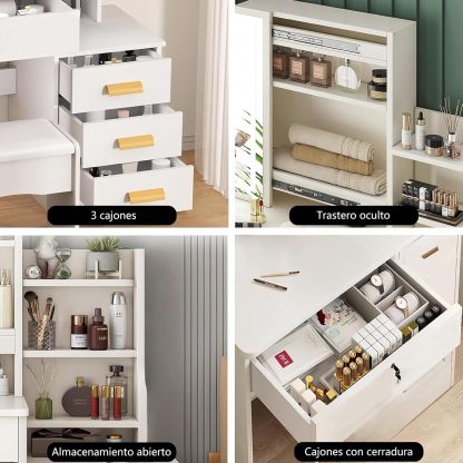 CAREEPD Tocador Vanity con Espejo luz led, tocador con Espejo con 4 Cajones, Escritorio de Maquillaje con Espejo Iluminado Led en 3 Colores,Blanco cálido Tocador de señora (Gabinete Izquierdo)