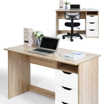 Mesa de Estudio de Escritura Multipropósito para Computadora con 3 Cajones de Guía Deslizantes Laterales Diseño Minimalista Moderno Escritorio de Oficina de Madera Haya