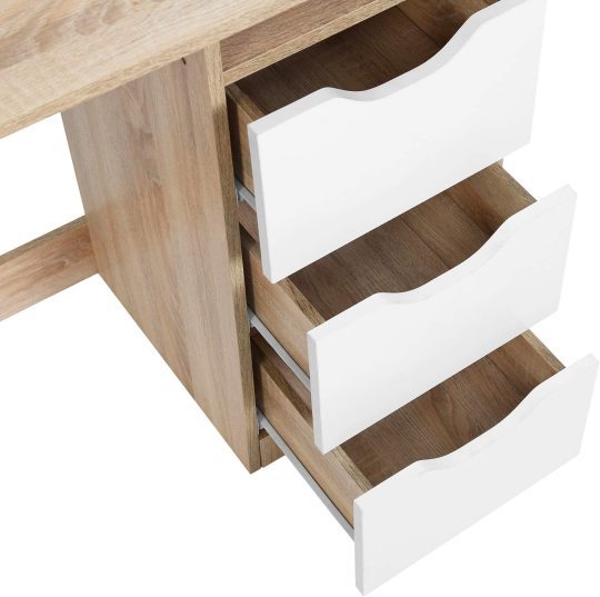 Mesa de Estudio de Escritura Multipropósito para Computadora con 3 Cajones de Guía Deslizantes Laterales Diseño Minimalista Moderno Escritorio de Oficina de Madera Haya