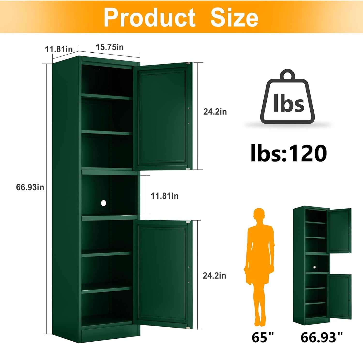 Ckzbx Gabinete de cocina de metal de 61 pulgadas de alto con 4 puertas, armarios de baño, 2 estantes ajustables para cocina, oficina en casa, sala de estar, comedor (negro)