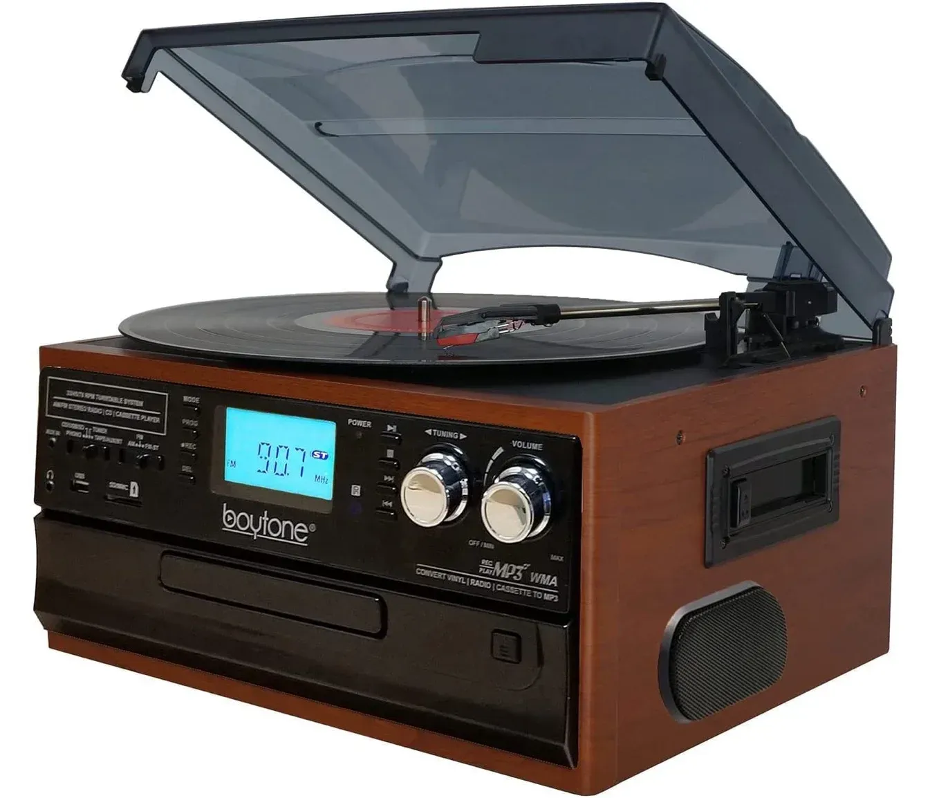 BT-22MS 9-in-1 Wireless Connection Multimedia Turntable System – Mahogany with Silver Knob