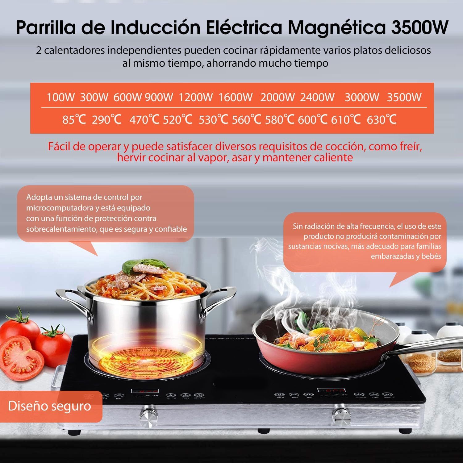 3500W Parrilla de Inducción Eléctrica, 1850W+1850W Control Independiente Cocina por Inducción de Doble Horno, 10 Niveles de Temperatura y Potencia, Sistema de Seguridad, Pantalla LCD Touch