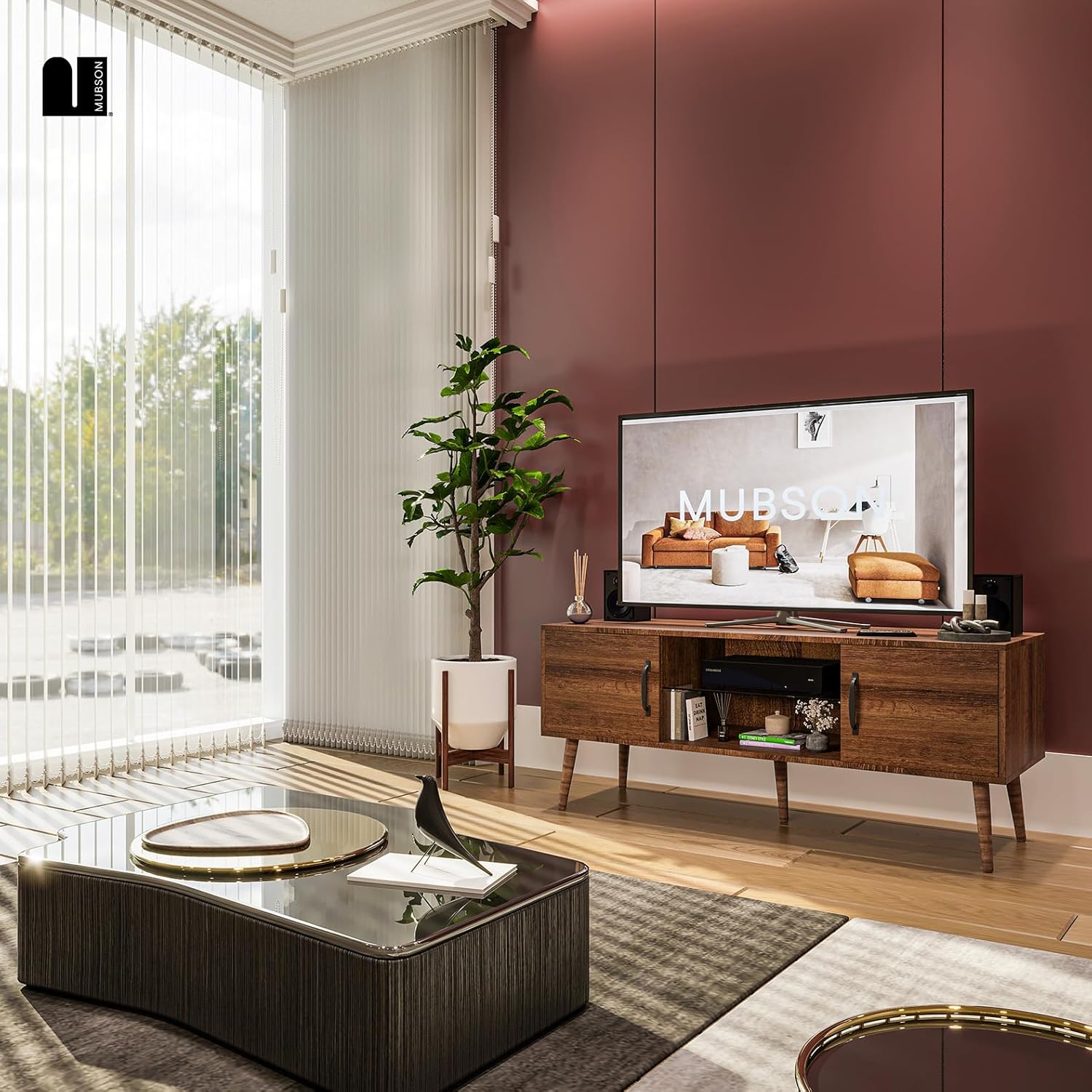 MUBSON Mueble para TV para Pantallas de hasta 55 Pulgadas | 120x39 cm | Centro de Entretenimiento para TV Marena con 3 Repisas y 2 Espacios para Consolas o Bocinas. Mesa para TV. TV Furniture