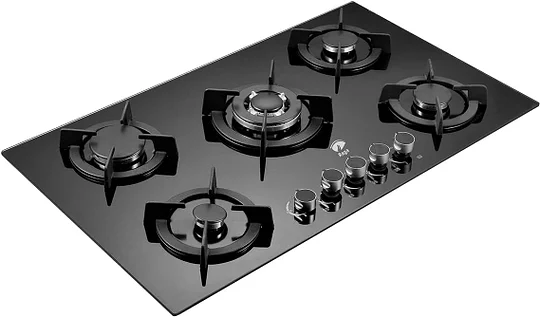Raganet, Parrilla de Gas con 5 Quemadores, de Cristal Templado, Encendido Eléctrico, Estufa Empotrable y De Mesa, Compatible con Gas Natural y Gas LP Medidas: 88cm Largo X 51cm Ancho X 11cm Alto