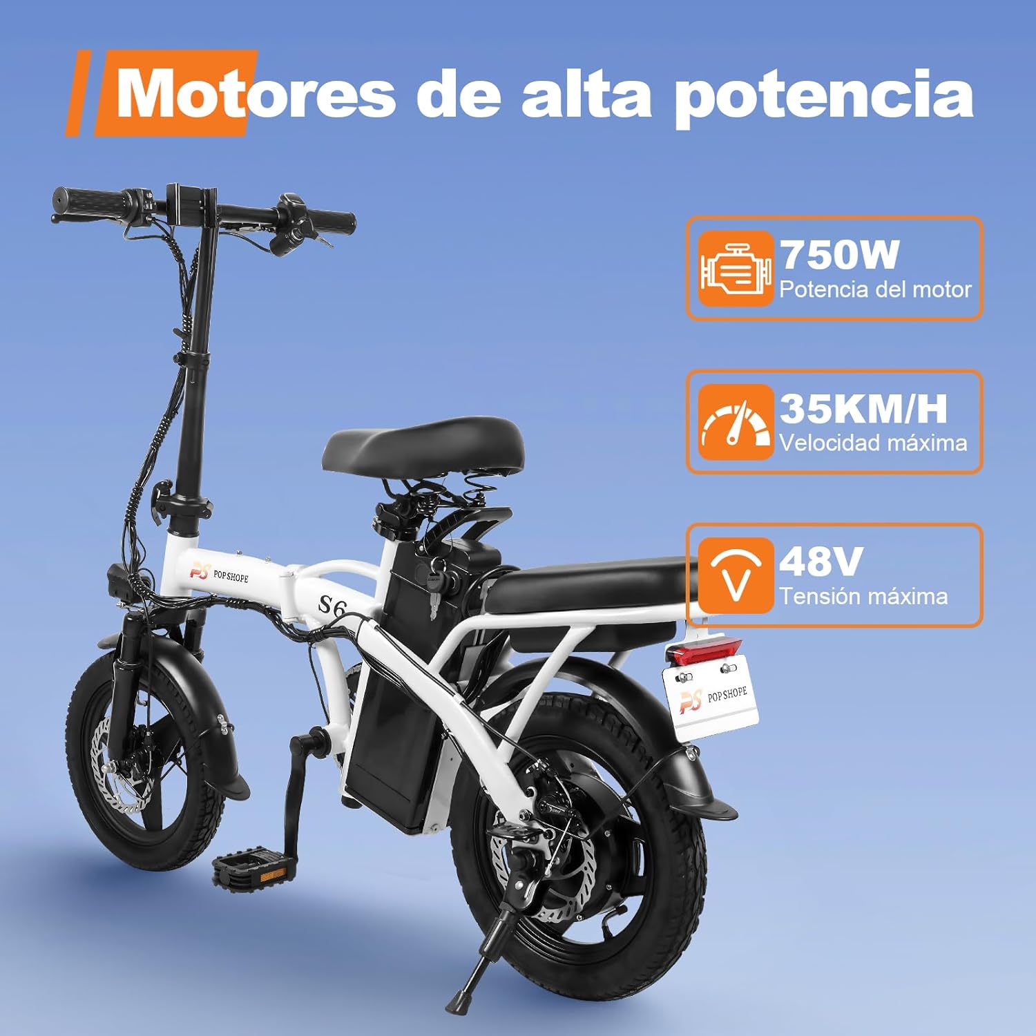 Pop Shope S6 Bicicleta Eléctrica Plegable para Adultos, Velocidad Máxima 35KM/H, Potencia Máxima del Motor 750W, Autonomía 35KM, Batería 48V/10.4AH