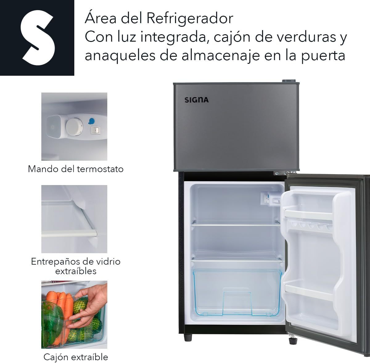 SIGNA Mini Refrigerador 86L (3 pies cubicos) Frigobar Compacto Silver Refrigerador Pequeño Con congelador de Acero Inoxidable Ideal Para Espacios Pequeños Frigobar Mini Multifuncional