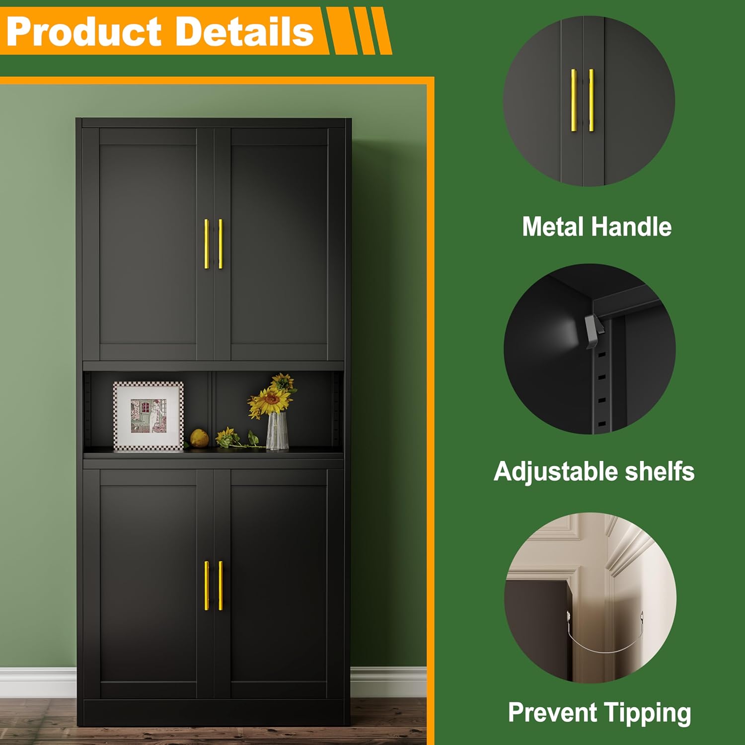 Ckzbx Gabinete de cocina de metal de 61 pulgadas de alto con 4 puertas, armarios de baño, 2 estantes ajustables para cocina, oficina en casa, sala de estar, comedor (negro)