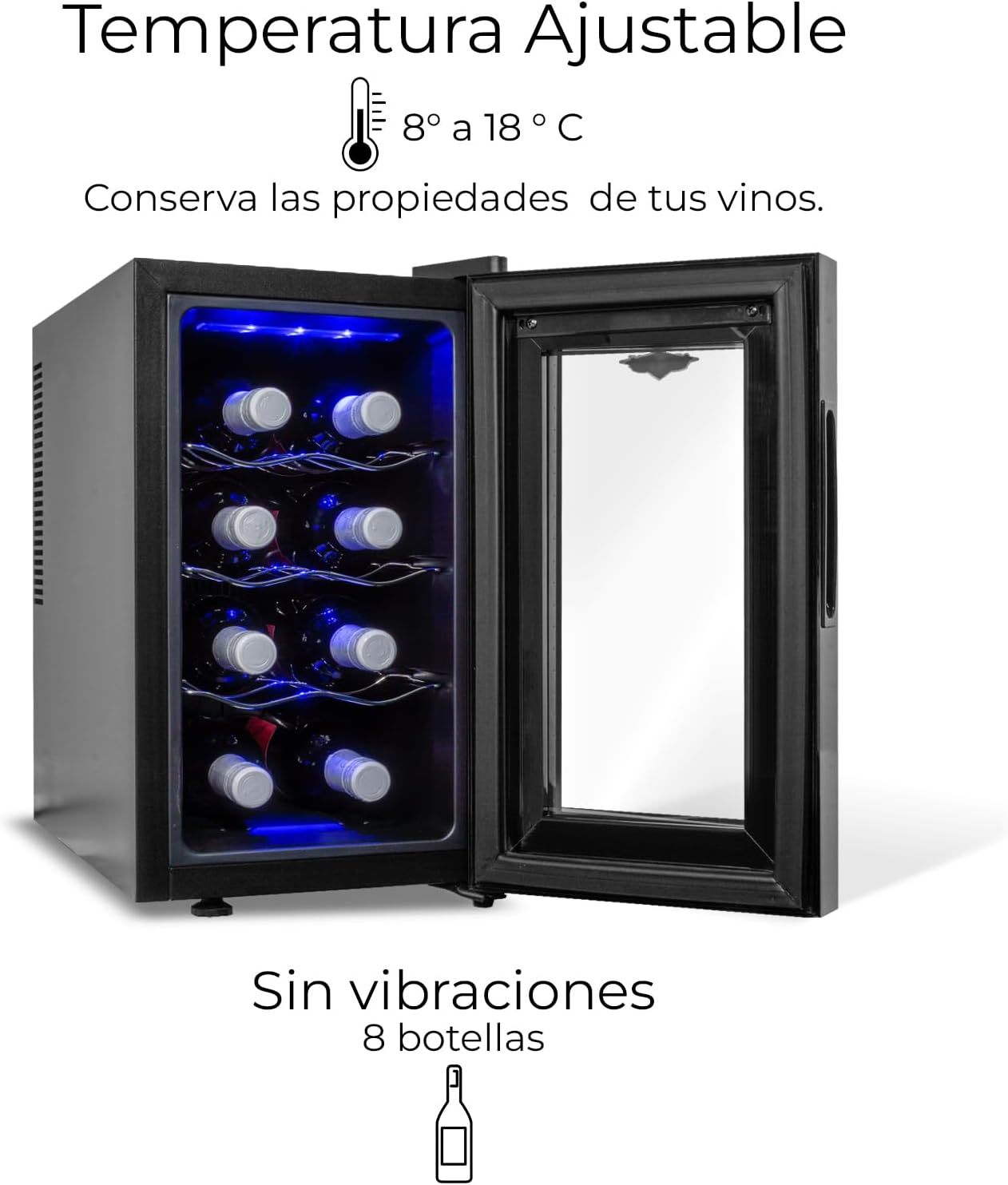 RACK & PACK Cava de Vinos para 8 Botellas 3 Rejillas Control de Temperatura Digital Iluminacion Led Azul Enfriador de Vinos Refrigerador para Vino Frigobar 8 – 18° C 55 W 22 L sin Vibraciones