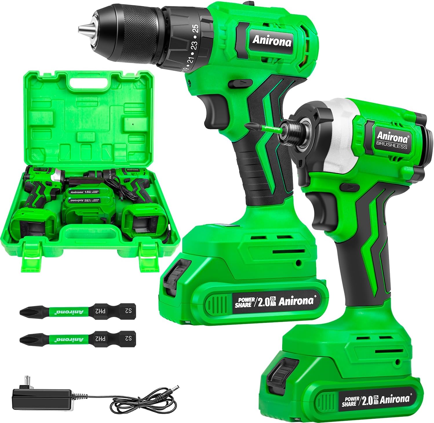 ANIRONA Kit De Atornillador De Impacto & Rotomartillo Sin Carbones, Kit Combinado de Taladro Inalámbrico Sin Escobillas Con 2 * 2000Mah Batería y Velocidades Variables