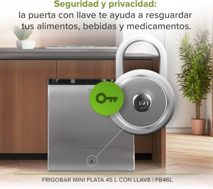 AVERA Frigobar con congelador de 1.6 pies, mini bar con capacidad de 45 L, mini refrigerador con llave, refrigerador con control de temperatura ajustable, puerta reversible de color plata | FB46L