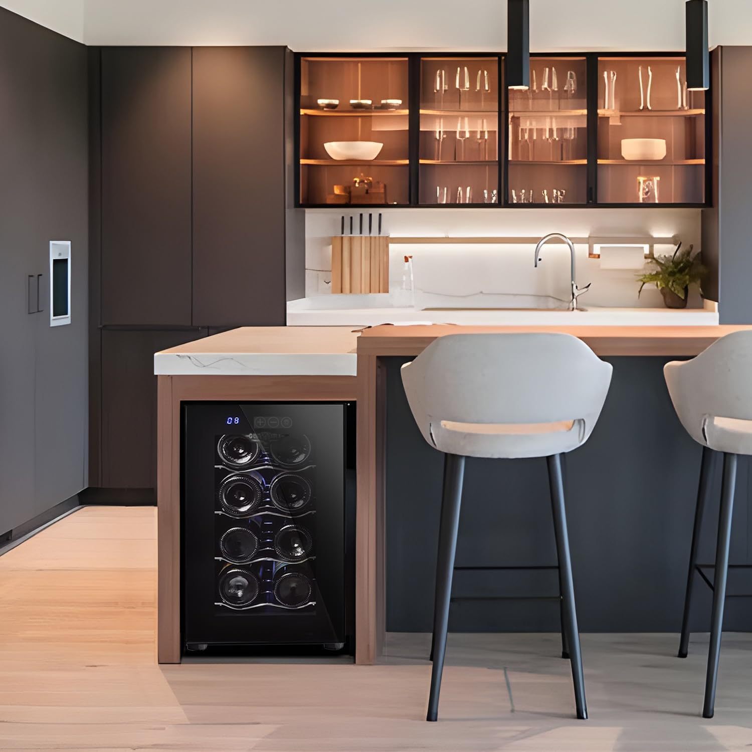 RACK & PACK Cava de Vinos para 8 Botellas 3 Rejillas Control de Temperatura Digital Iluminacion Led Azul Enfriador de Vinos Refrigerador para Vino Frigobar 8 – 18° C 55 W 22 L sin Vibraciones