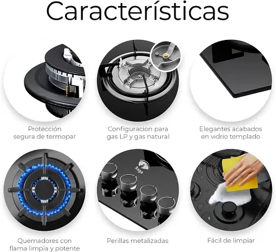 Raganet, Parrilla de Gas con 5 Quemadores, de Cristal Templado, Encendido Eléctrico, Estufa Empotrable y De Mesa, Compatible con Gas Natural y Gas LP Medidas: 88cm Largo X 51cm Ancho X 11cm Alto