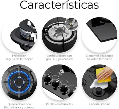 Raganet, Parrilla de Gas con 5 Quemadores, de Cristal Templado, Encendido Eléctrico, Estufa Empotrable y De Mesa, Compatible con Gas Natural y Gas LP Medidas: 88cm Largo X 51cm Ancho X 11cm Alto