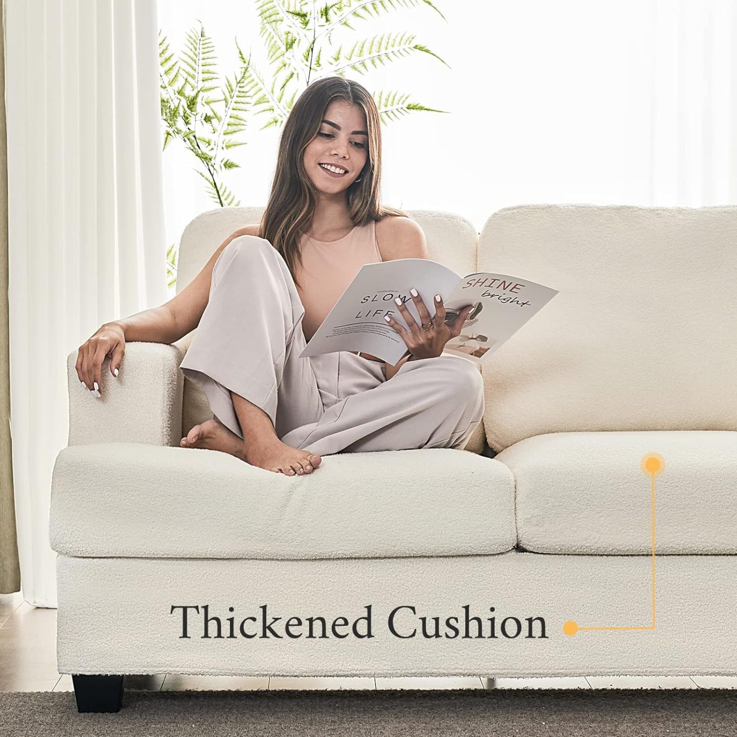 VanAcc Sofá de 89 pulgadas, cómodo sofá con asientos extra profundos, sofá de 3 plazas, sofá moderno, sofá para sala de estar, departamento, bouclé blanco