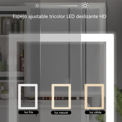 CAREEPD Tocador Vanity con Espejo luz led, tocador con Espejo con 4 Cajones, Escritorio de Maquillaje con Espejo Iluminado Led en 3 Colores,Blanco cálido Tocador de señora (Gabinete Izquierdo)