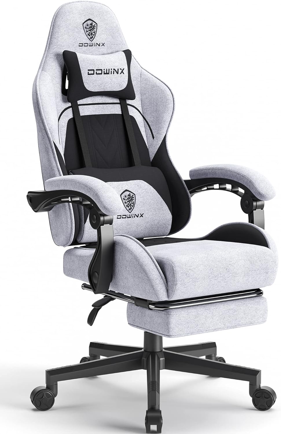 Dowinx - Silla de Juego de Tela con cojín de Resorte de Bolsillo, Silla de Juego de Masaje con reposacabezas, Silla ergonómica de computadora con reposapiés de 300 Libras, Negro y Gris