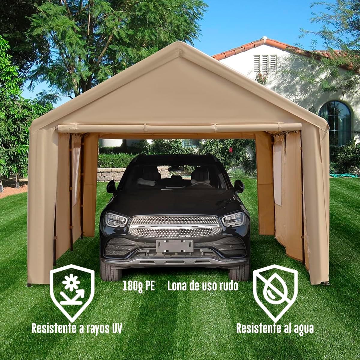 Carpa Armable para Auto 6x3 m con Paredes Laterales | Toldo Reforzado de Acero Galvanizado | Resistente al Sol y Lluvia | Ideal para Jardín, Eventos o Almacén | Fácil de Montar | Color Beige