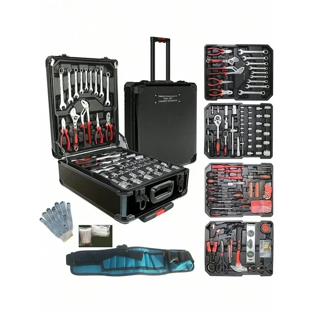 Arcwares 799pcs Aluminum Trolley Case Tool Set Silver, House Repair Kit Set, Household Hand Tool Set, with Tool Belt,Gift on Father's Day (Black)