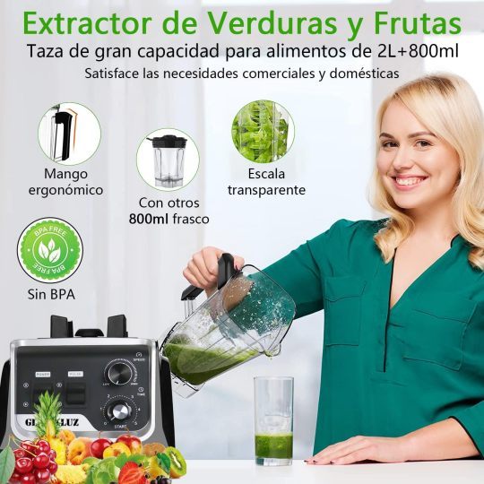 Glückluz Licuadora Profesional Uso Rudo 1800W 2L+Adicional 800ml, Doméstico Comercial Industrial Batidora de Verduras Extractor de Velocidad Ajustable y Hielo Picado a Fondo Extractora