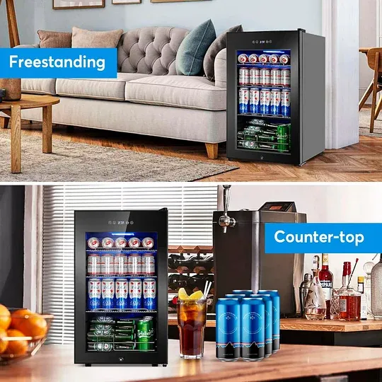Refrigerador de bebidas de 17 pulgadas de ancho - Enfriador de bebidas para 126 latas con puerta de vidrio | Mini refrigerador para bebidas y cerveza de encimera/independiente | Memoria de temperatura | Puerta invisible |