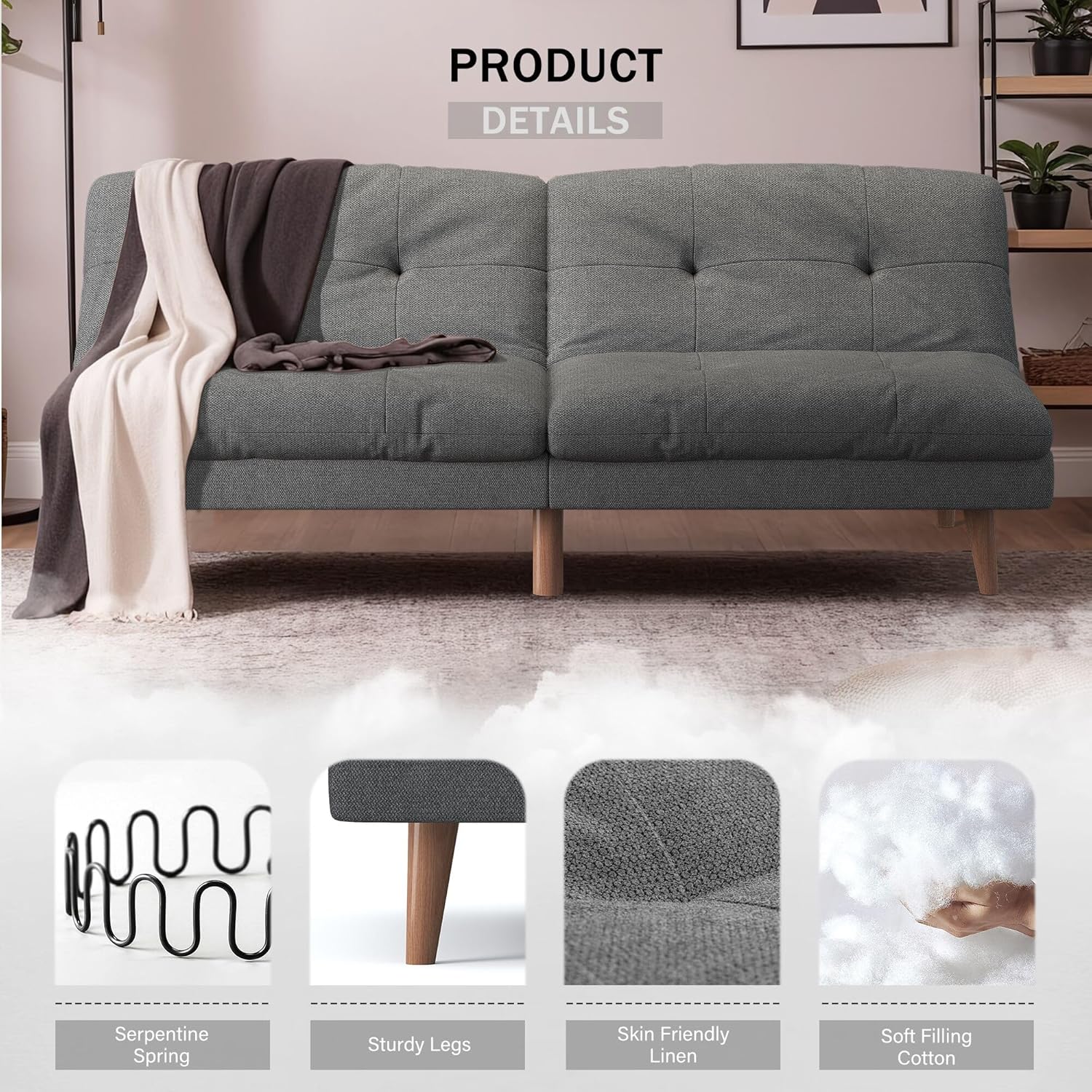 Flamaker Futón sofá cama de tela ajustable, sofá cama para apartamentos pequeños, moderno y convertible, color gris