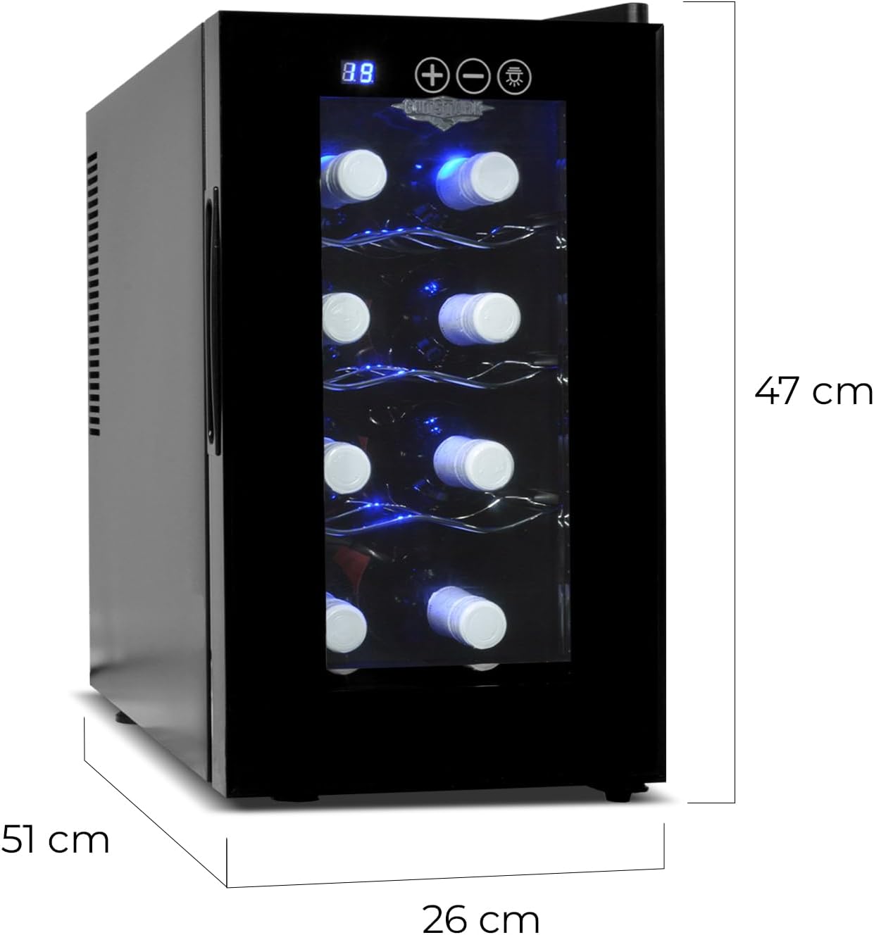 RACK & PACK Cava de Vinos para 8 Botellas 3 Rejillas Control de Temperatura Digital Iluminacion Led Azul Enfriador de Vinos Refrigerador para Vino Frigobar 8 – 18° C 55 W 22 L sin Vibraciones