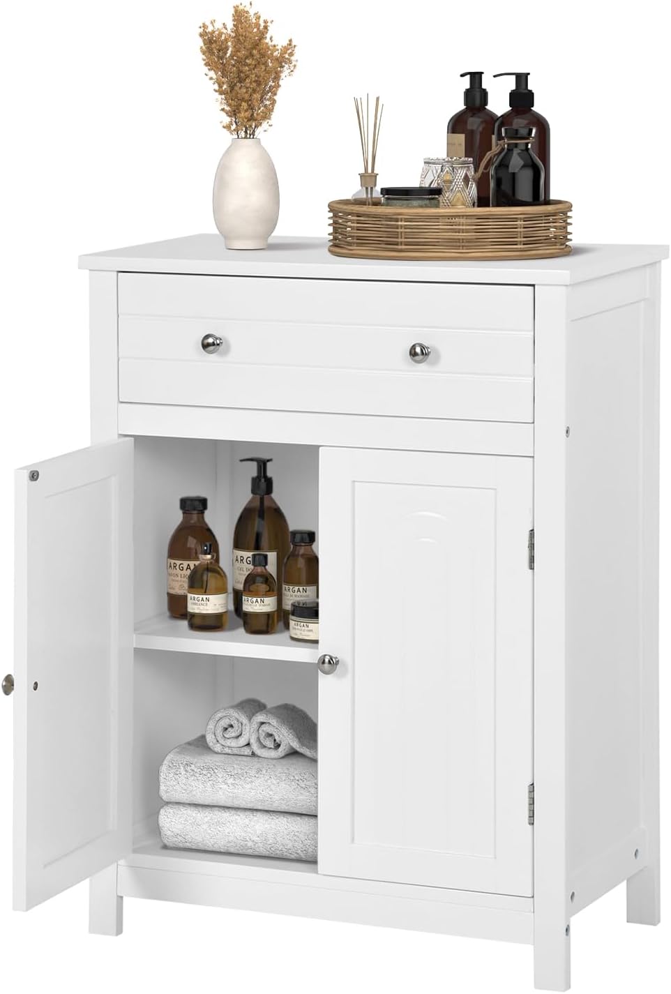 Gabinete de Almacenamiento para Piso de Baño con Puerta Doble, Estante Ajustable, para Baño, Sala de Estar, Cocina, Estilo Nórdico Escandinavo, Fácil Montaje