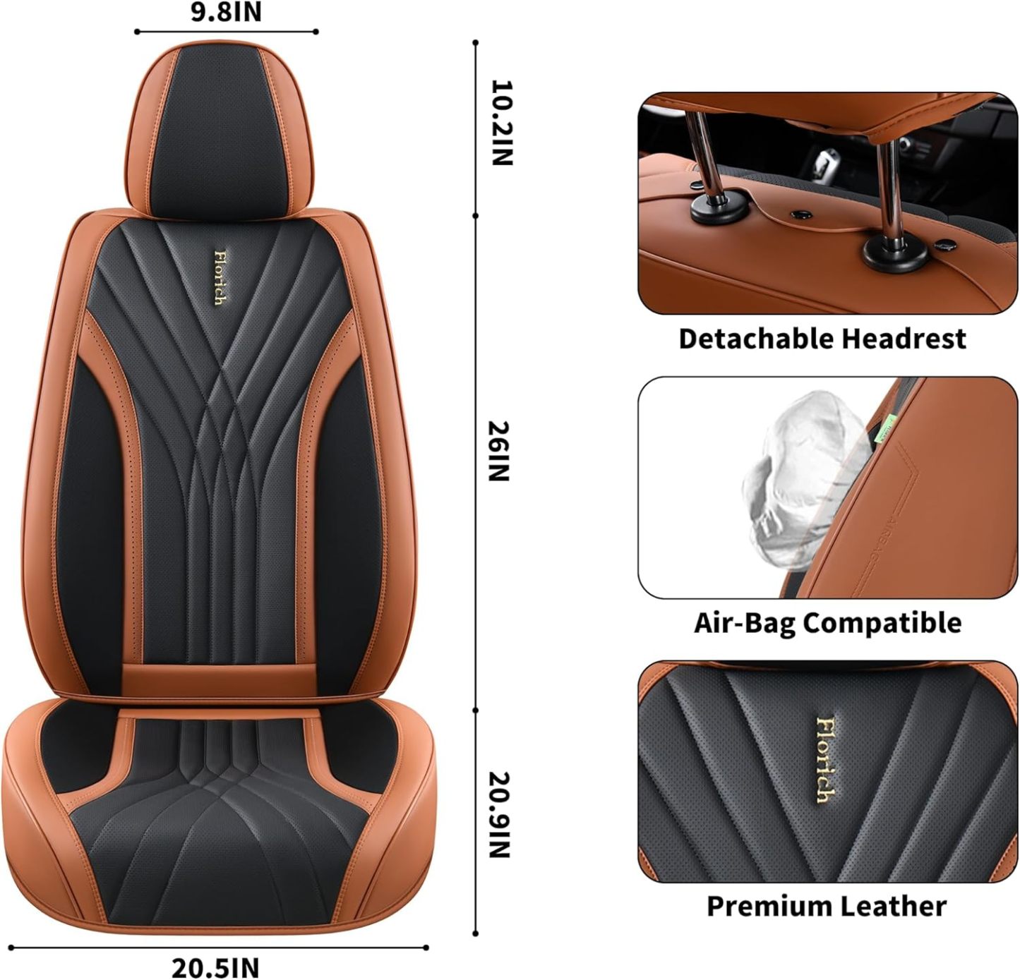 FLORICH - Juego completo de fundas de asiento de piel, fundas universales para 5 asientos, protector de asiento de coche, cojín de piel para asiento de coche, fundas de asiento de automóvil marrones,