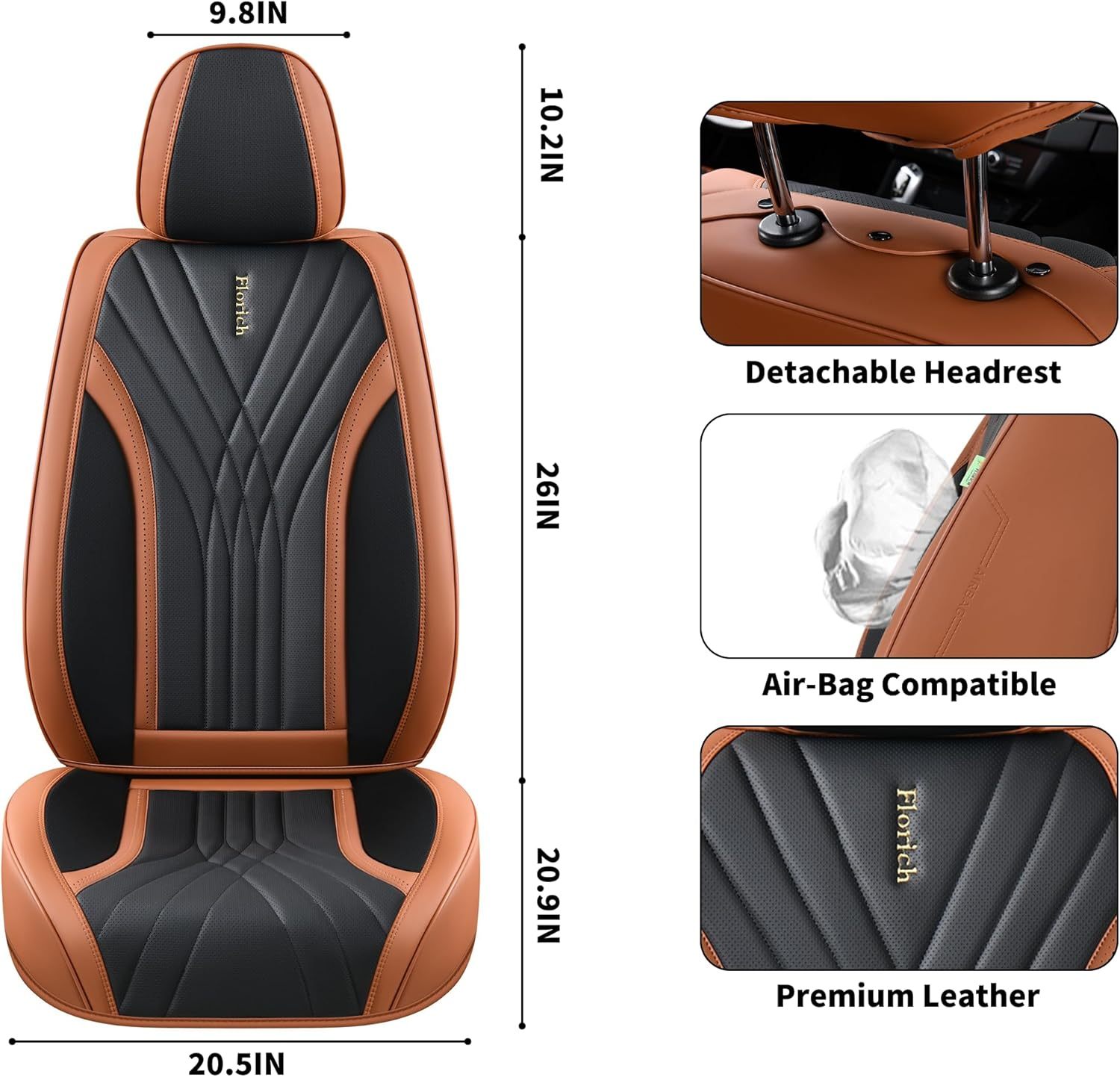 FLORICH - Juego completo de fundas de asiento de piel, fundas universales para 5 asientos, protector de asiento de coche, cojín de piel para asiento de coche, fundas de asiento de automóvil marrones,