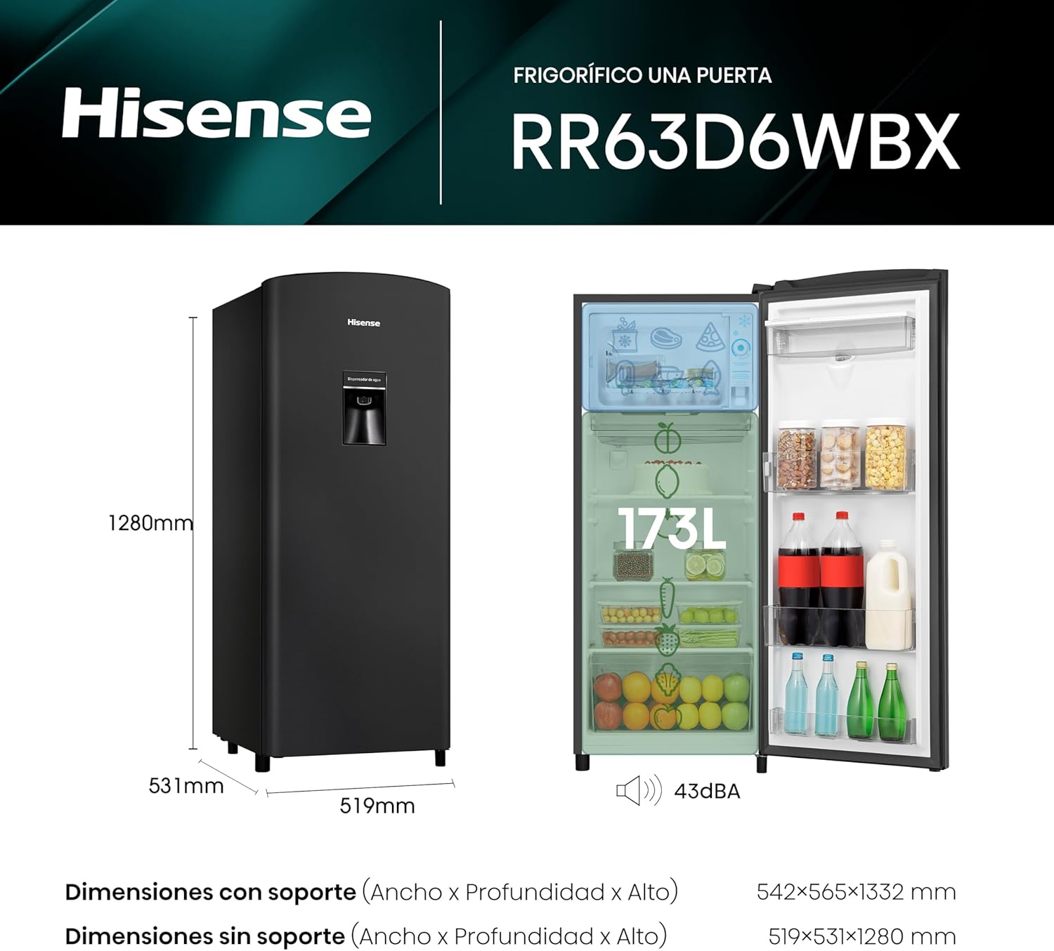 Hisense RR63D6WBX Refrigerador 6.3 Pies con Dispensador de Agua Negro