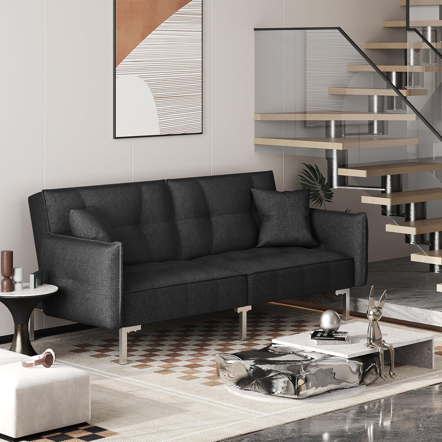 Yaheetech Sofá Cama Convertible Moderno futón sofás, Cama Plegable y Abajo, Tela de Lino reclinable para Sala de Estar, Color Gris