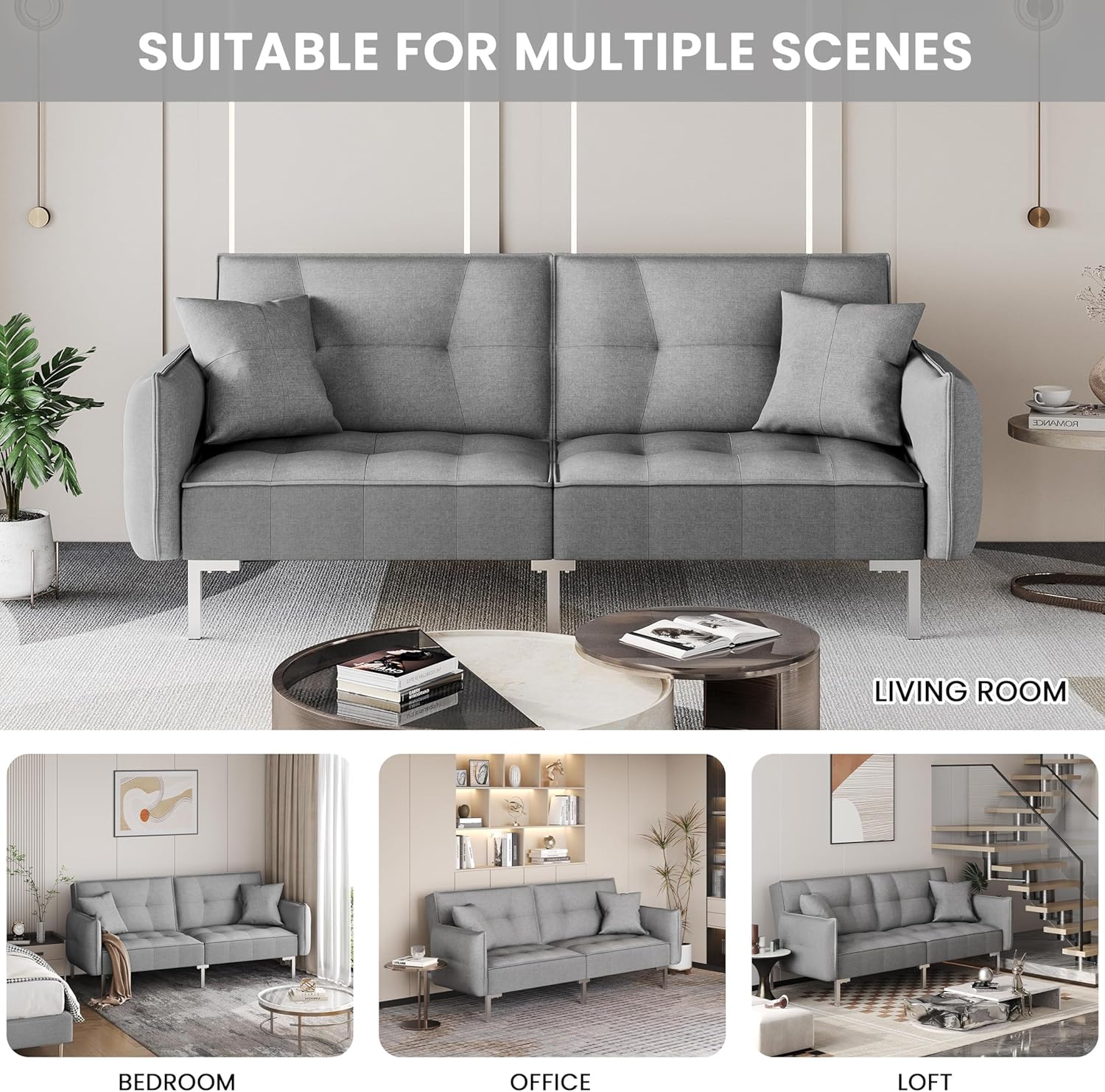 Yaheetech Sofá Cama Convertible Moderno futón sofás, Cama Plegable y Abajo, Tela de Lino reclinable para Sala de Estar, Color Gris