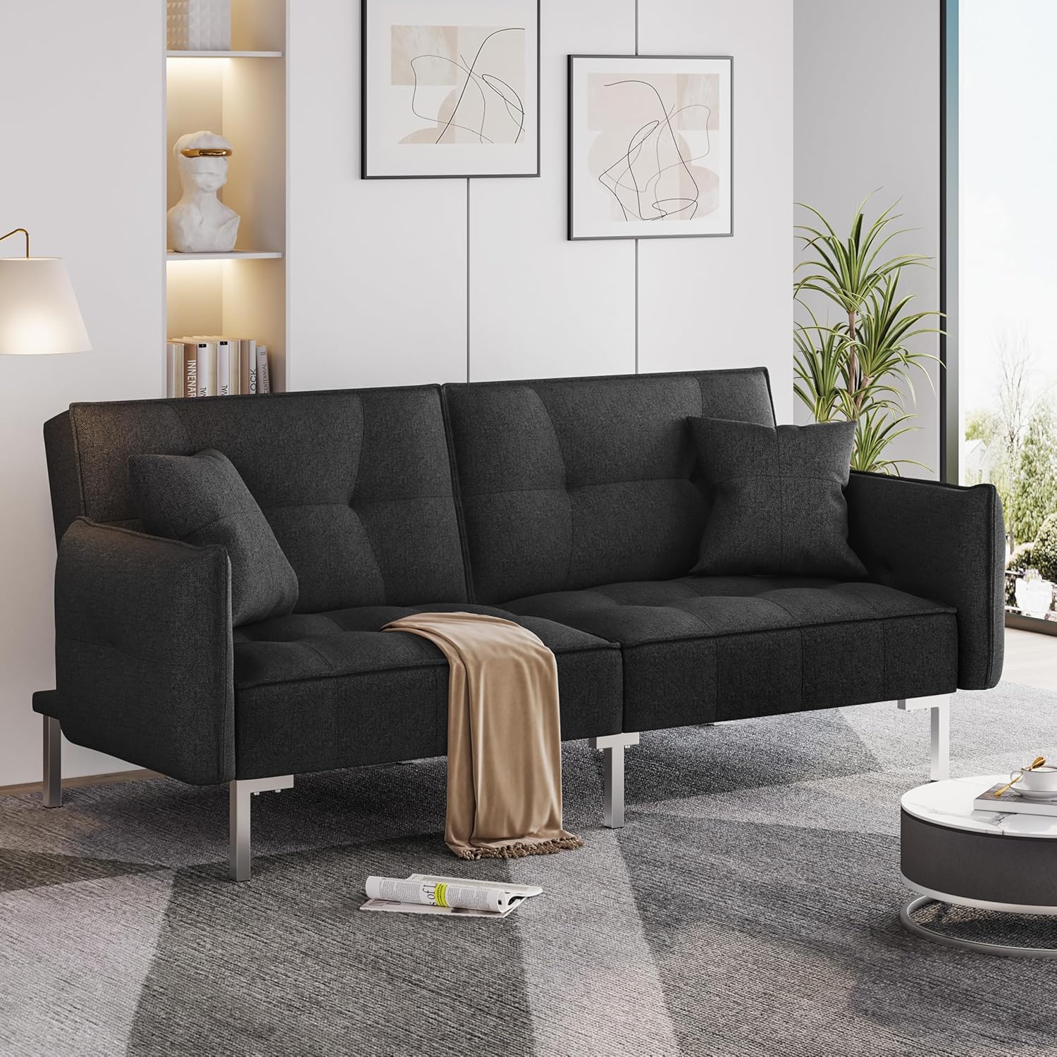 Yaheetech Sofá Cama Convertible Moderno futón sofás, Cama Plegable y Abajo, Tela de Lino reclinable para Sala de Estar, Color Gris