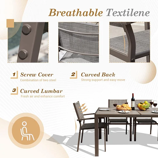 Juego de comedor para patio, 7 piezas, marco de metal, muebles de exterior con 6 sillas de textileno y mesa rectangular, juego de conversación de cocina familiar para patio trasero, césped, terraza (café)