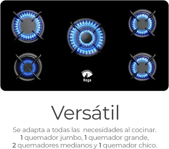 Raganet, Parrilla de Gas con 5 Quemadores, de Cristal Templado, Encendido Eléctrico, Estufa Empotrable y De Mesa, Compatible con Gas Natural y Gas LP Medidas: 88cm Largo X 51cm Ancho X 11cm Alto