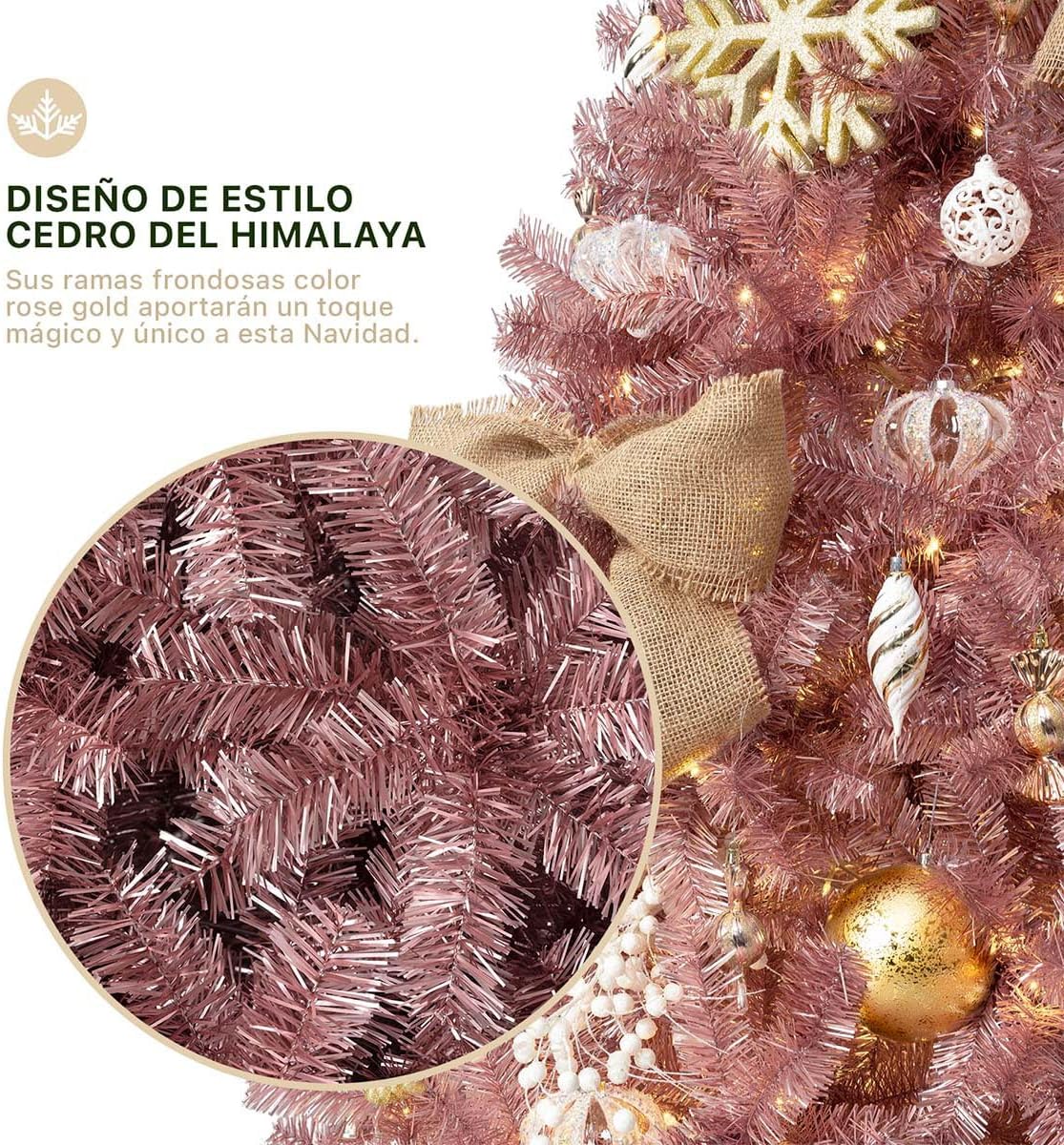 ESQUIMAL Árbol de Navidad Ramas Métalicas Frondosas de Pet Pino Navideño Artificial (Oro Rosa, 1.90 m)