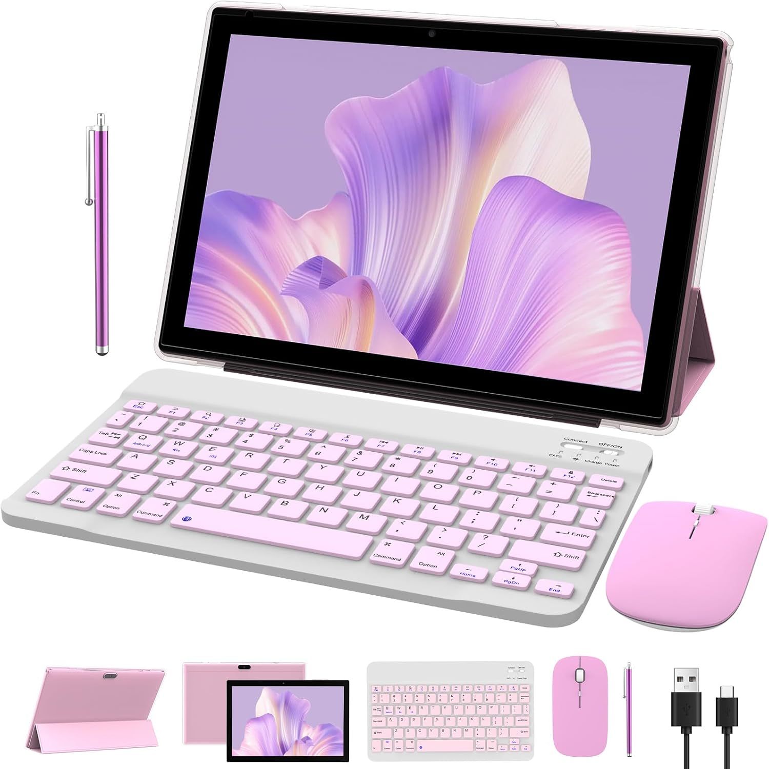 Tablet con teclado 2 en 1, Android 11, 10.1 pulgadas FHD, con teclado/mouse/funda/lápiz capacitivo/película templada, 64 GB+2 GB, Wi-Fi, cámara dual 8 MP, procesador quad core, batería 6,000 mAh, rosa