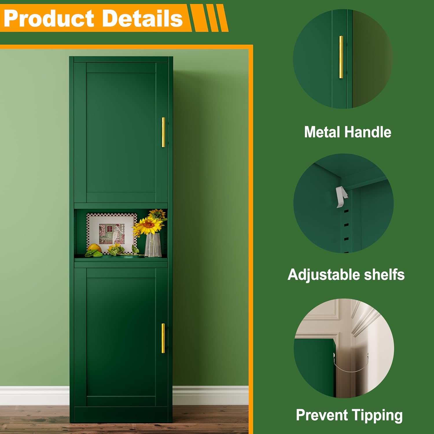 Ckzbx Gabinete de cocina de metal de 61 pulgadas de alto con 4 puertas, armarios de baño, 2 estantes ajustables para cocina, oficina en casa, sala de estar, comedor (negro)