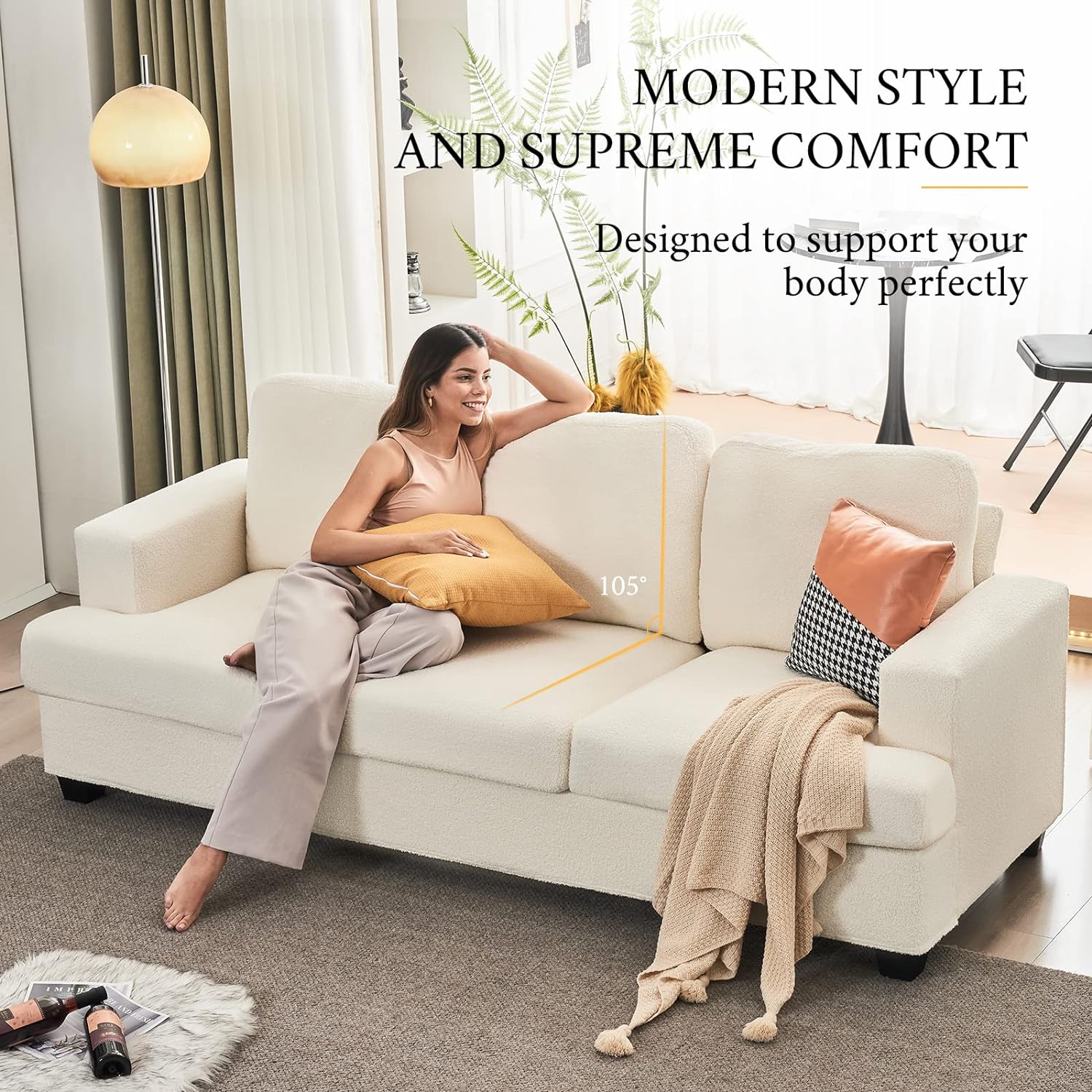 VanAcc Sofá de 89 pulgadas, cómodo sofá con asientos extra profundos, sofá de 3 plazas, sofá moderno, sofá para sala de estar, departamento, bouclé blanco